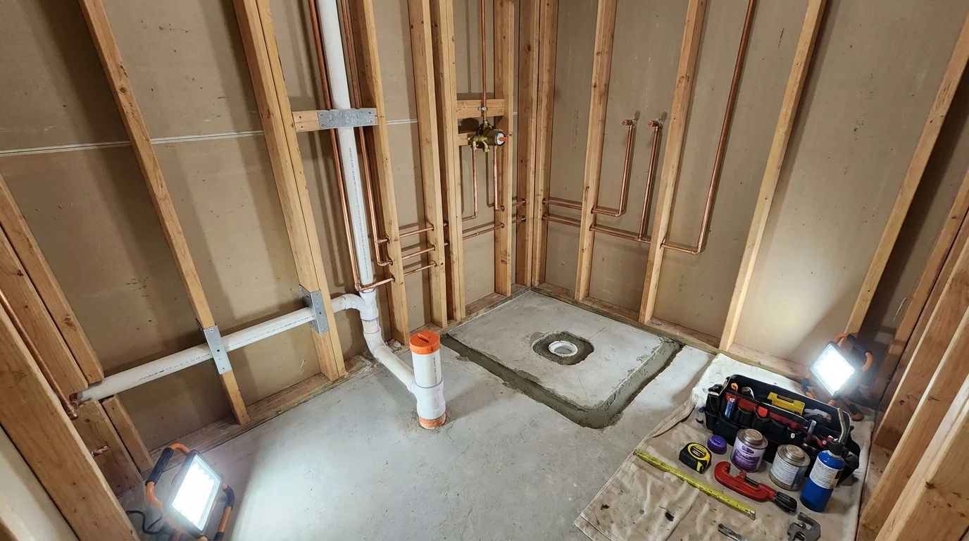 Bathroom rough-in plumbing during remodel by Johns Plumbing LLC in Hutto