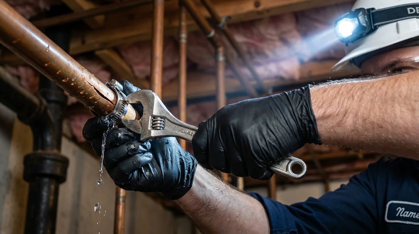 Emergency pipe clamp repair being performed by a Johns Plumbing LLC plumber in Hutto
