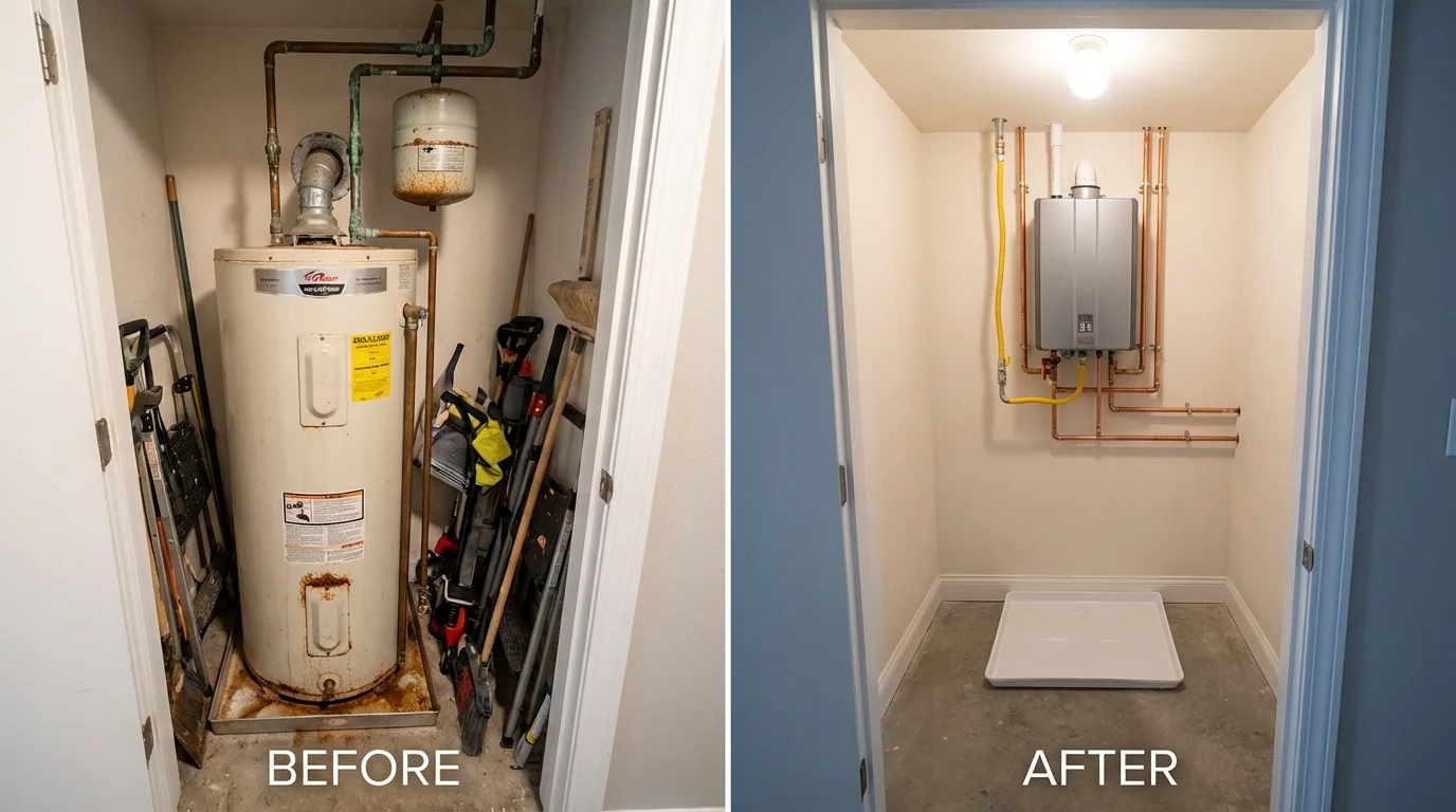Tank water heater versus wall-mounted tankless unit comparison for Hutto, TX homeowners
