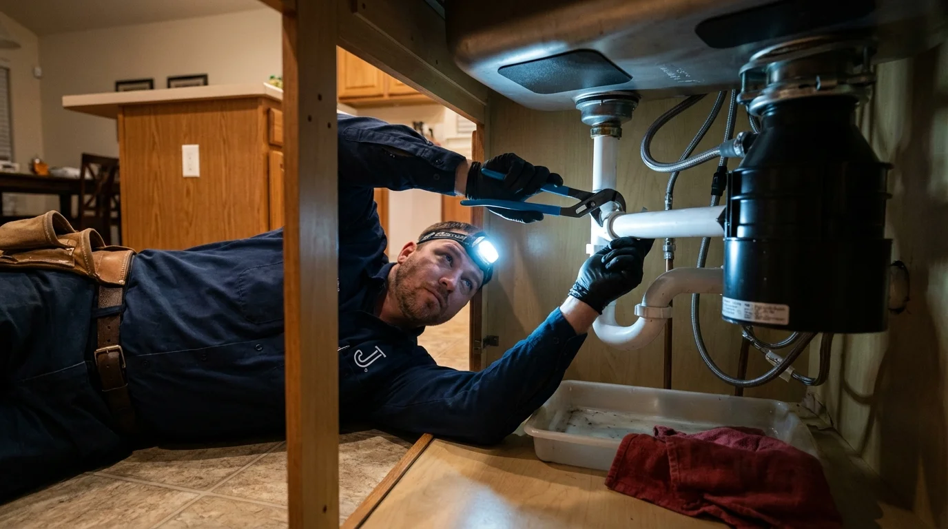 P-trap and supply line connections under a kitchen sink showing a common leak point in Hutto, TX